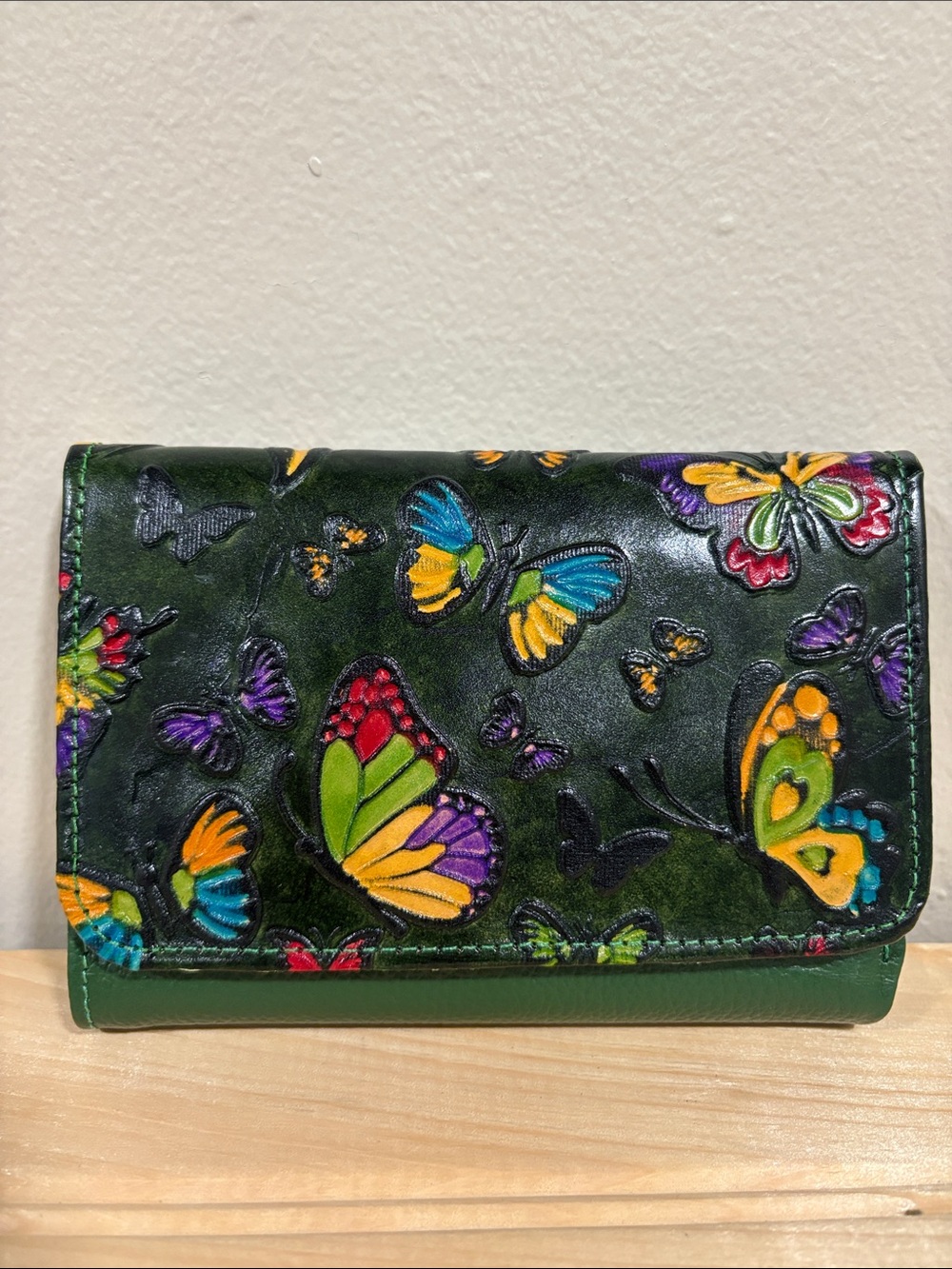 Green Butterfly Embossed Leather Wallet - Women Bags
